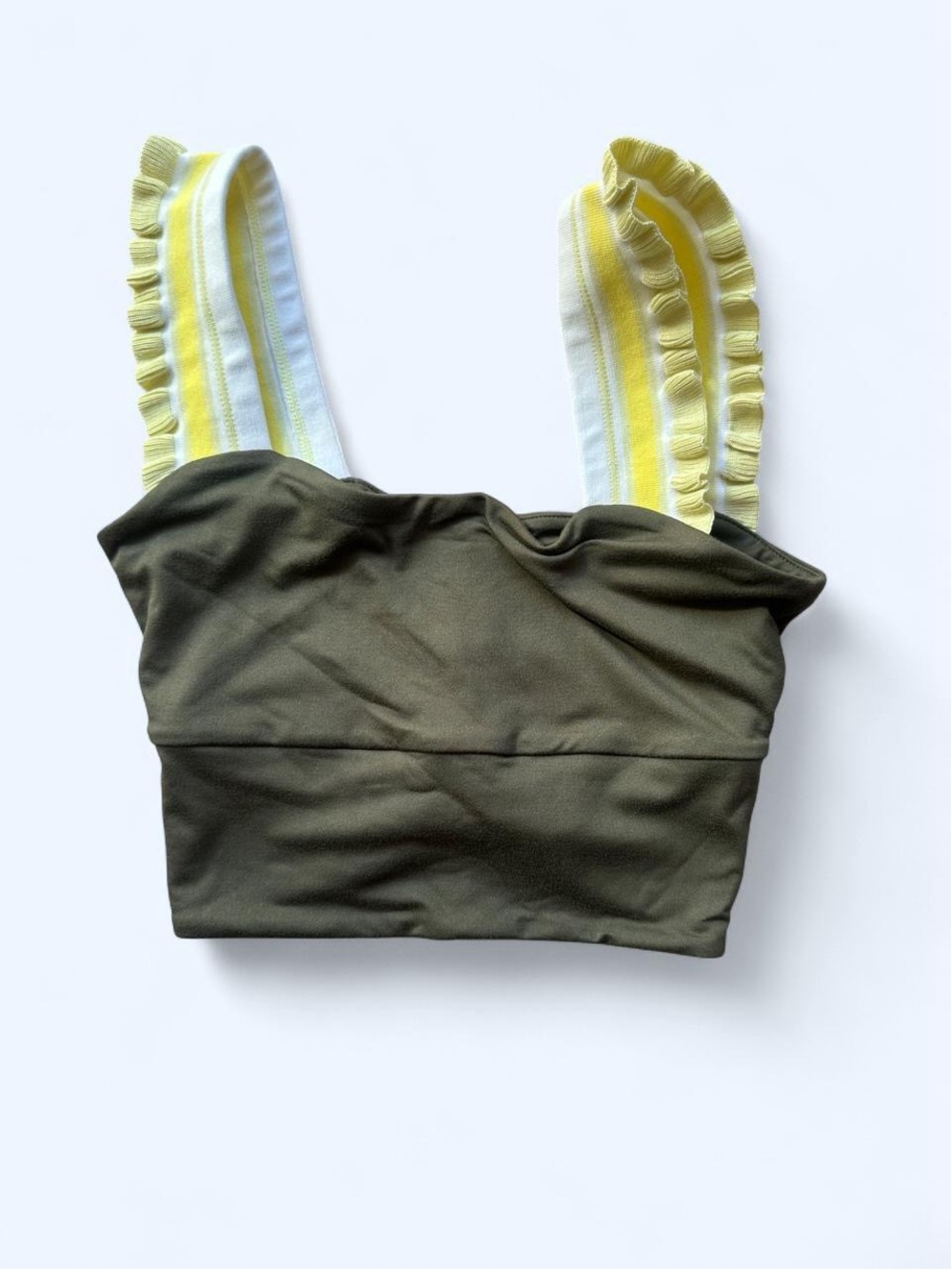 NWT Free People Olive Green Crop Tank with Yellow-Striped Ruffle Straps
